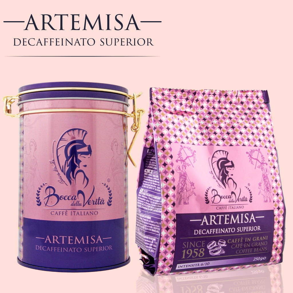 Artemisa Decaffeinated Italian Coffee Beans 250g + Gift Tin + Colomba Classic 500g