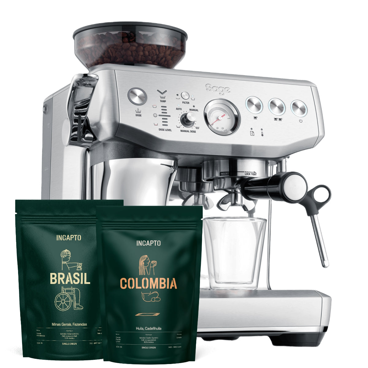 Cafetera Espresso SAGE Barista Express Impress+3Kg Brasil INCAPTO+3Kg Colombia INCAPTO