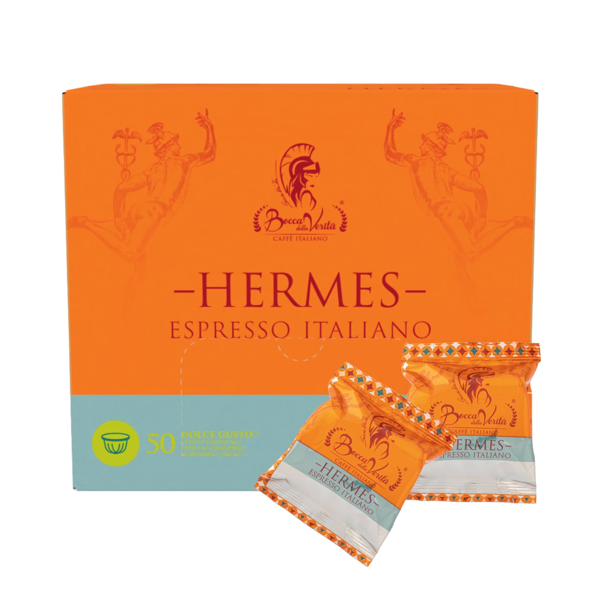 Cajas de café Bocca della Verità Hermes Espresso Italiano, 50 cápsulas compatibles con Dolce Gusto, intensidad 10/10, fondo blanco naranja y azul.