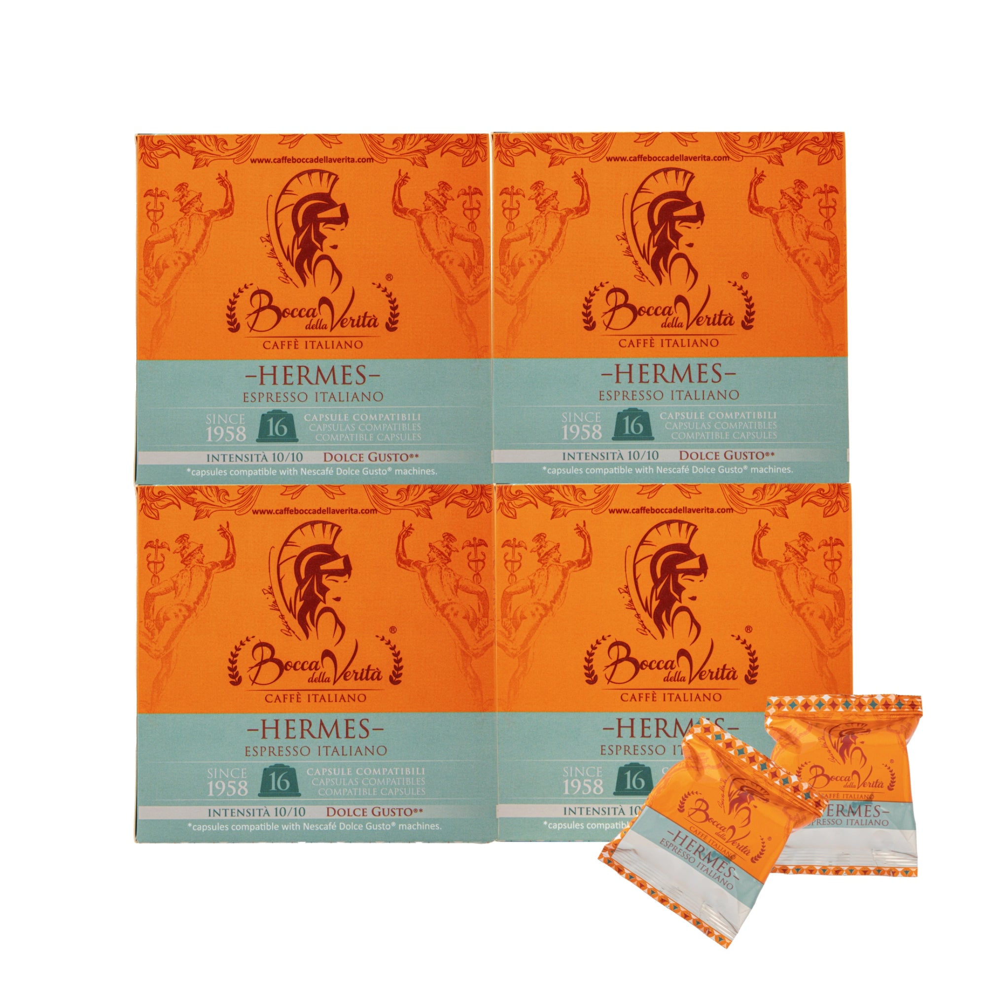 Cajas de café Bocca della Verità Hermes Espresso Italiano, 64 cápsulas compatibles con Dolce Gusto, intensidad 10/10, fondo blanco naranja y azul.