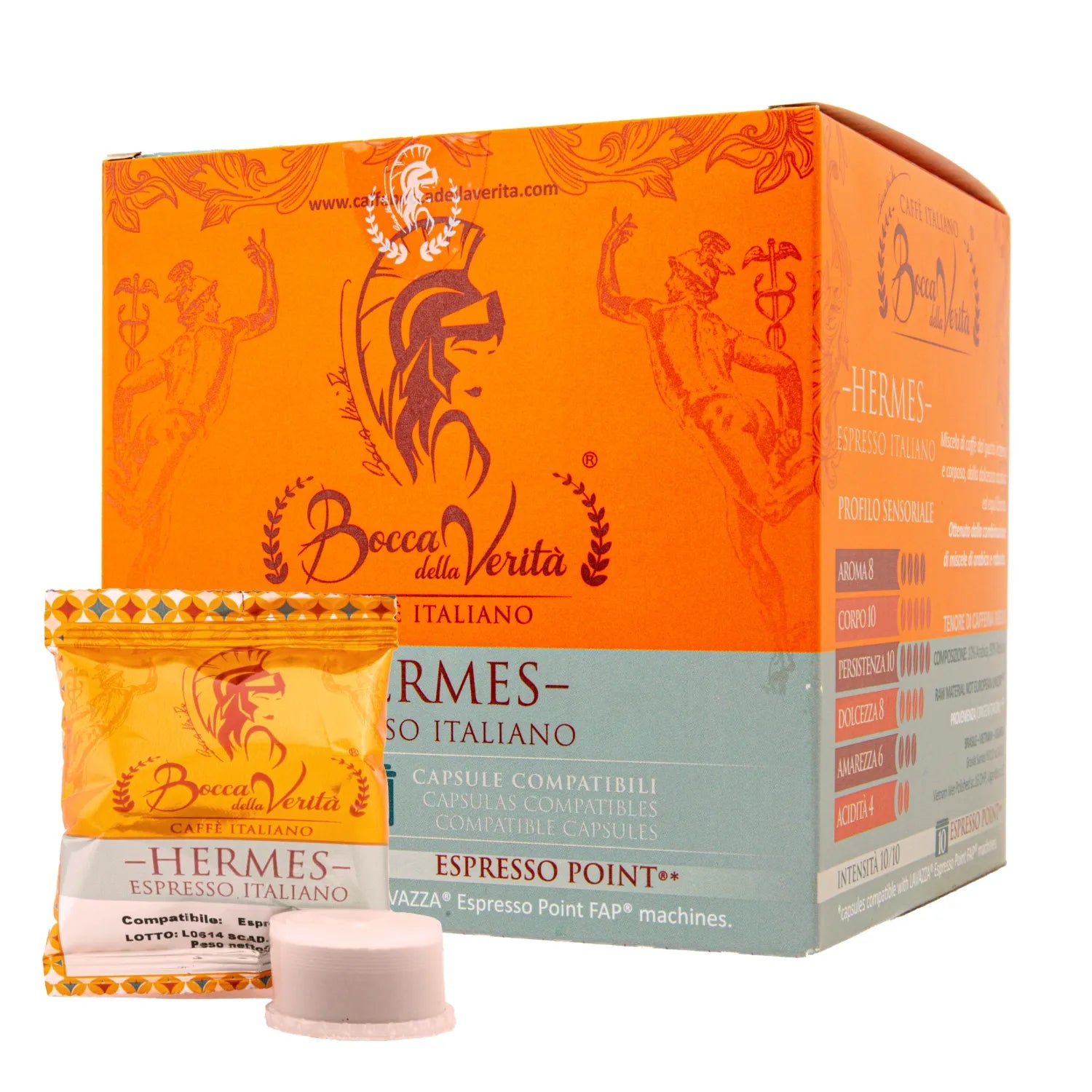 Caja de café Bocca della Verità Hermes Espresso Italiano, 10 cápsulas compatibles con Lavazza Espresso Point, intensidad 10/10.