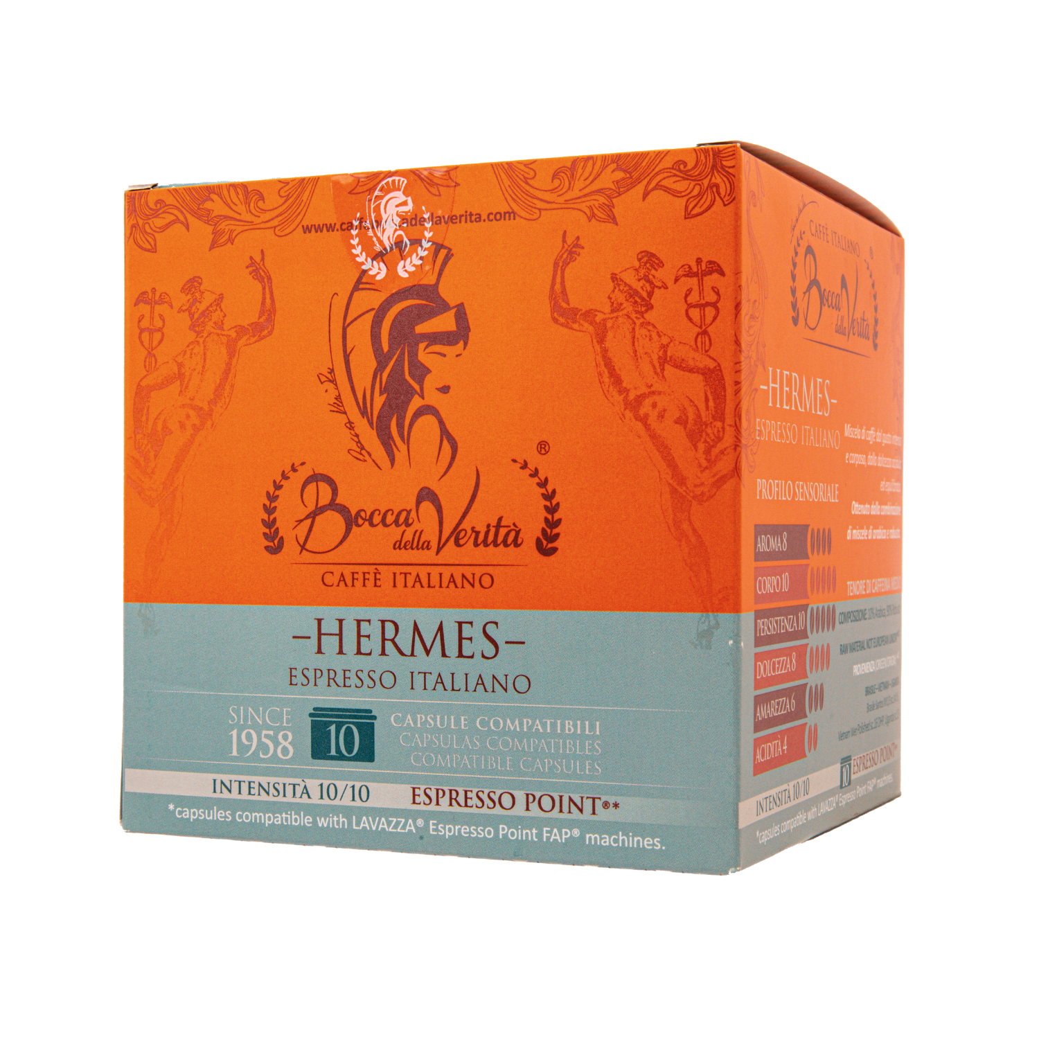 Caja de café Bocca della Verità Hermes Espresso Italiano, 10 cápsulas compatibles con Lavazza Espresso Point, intensidad 10/10.