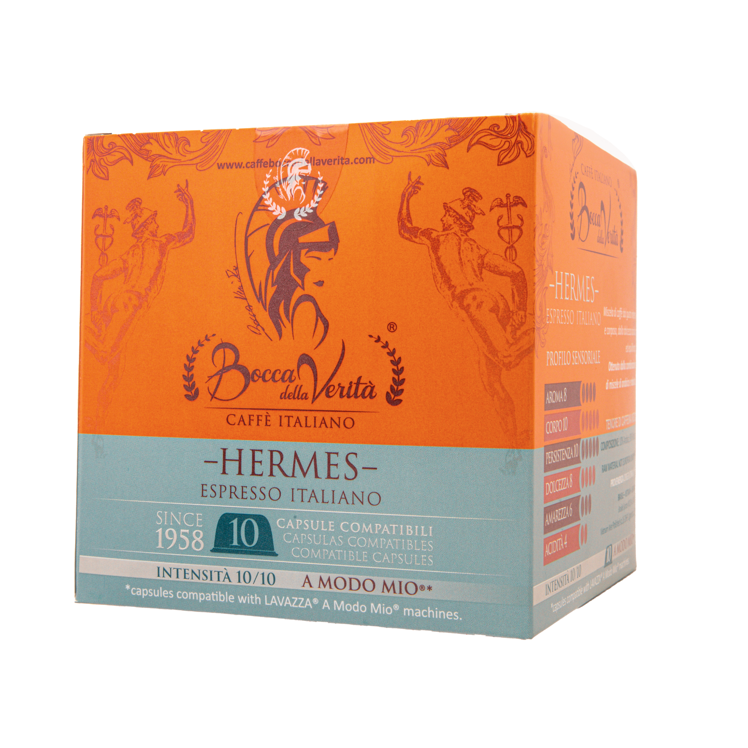 Caja de café Bocca della Verità Hermes Espresso Italiano, 10 cápsulas compatibles con Lavazza A Modo Mio, intensidad 10/10.