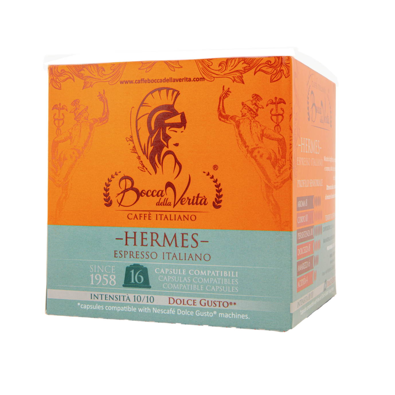 Caja de café Bocca della Verità Hermes Espresso Italiano, 16 cápsulas compatibles con Dolce Gusto, intensidad