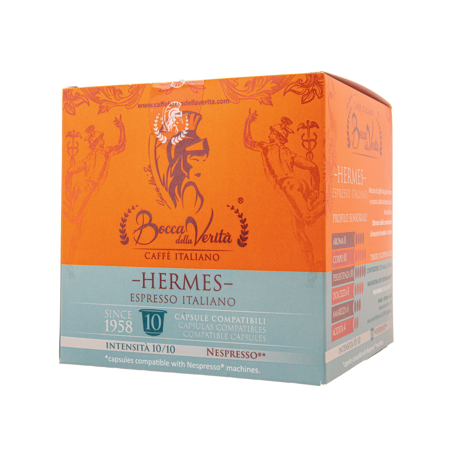 Caja de café Bocca della Verità Hermes Espresso Italiano, 10 cápsulas compatibles con Nespresso, intensidad 10/10, fondo naranja y azul.