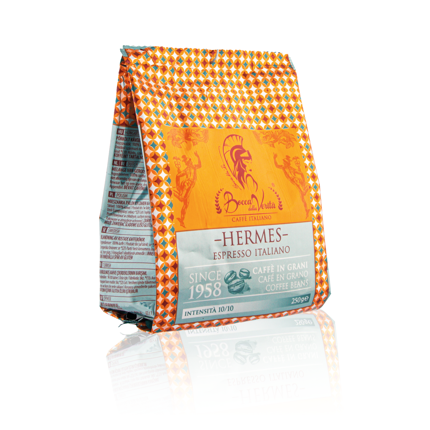 Paquete de café en grano Bocca della Verità Hermes Espresso Italiano de 250 g, intensidad 10/10, mezcla 90% Robusta y 10% Arábica.