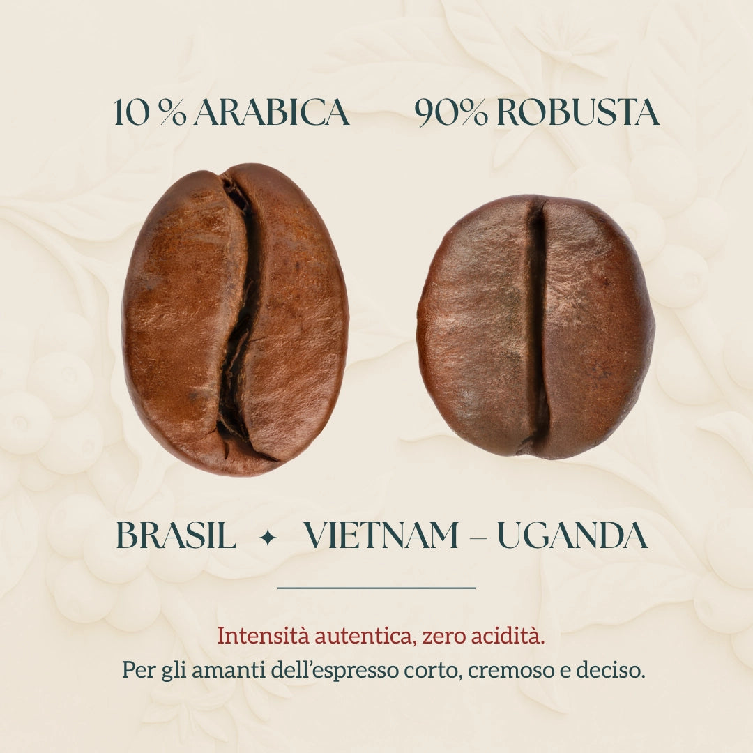 Primer plano de granos de café mostrando mezcla 10% Arábica y 90% Robusta, procedentes de Brasil, Vietnam y Uganda, con texto sobre intensidad y acidez.