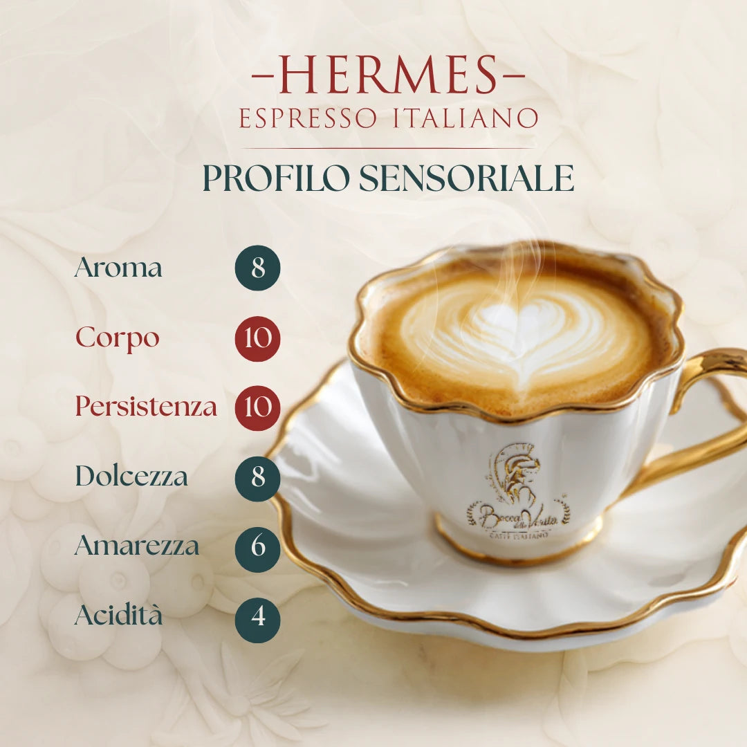 Perfil sensorial del café Hermes Espresso Italiano: aroma, cuerpo, persistencia, dulzura, amargor, acidez, junto a taza de cappuccino con arte latte.