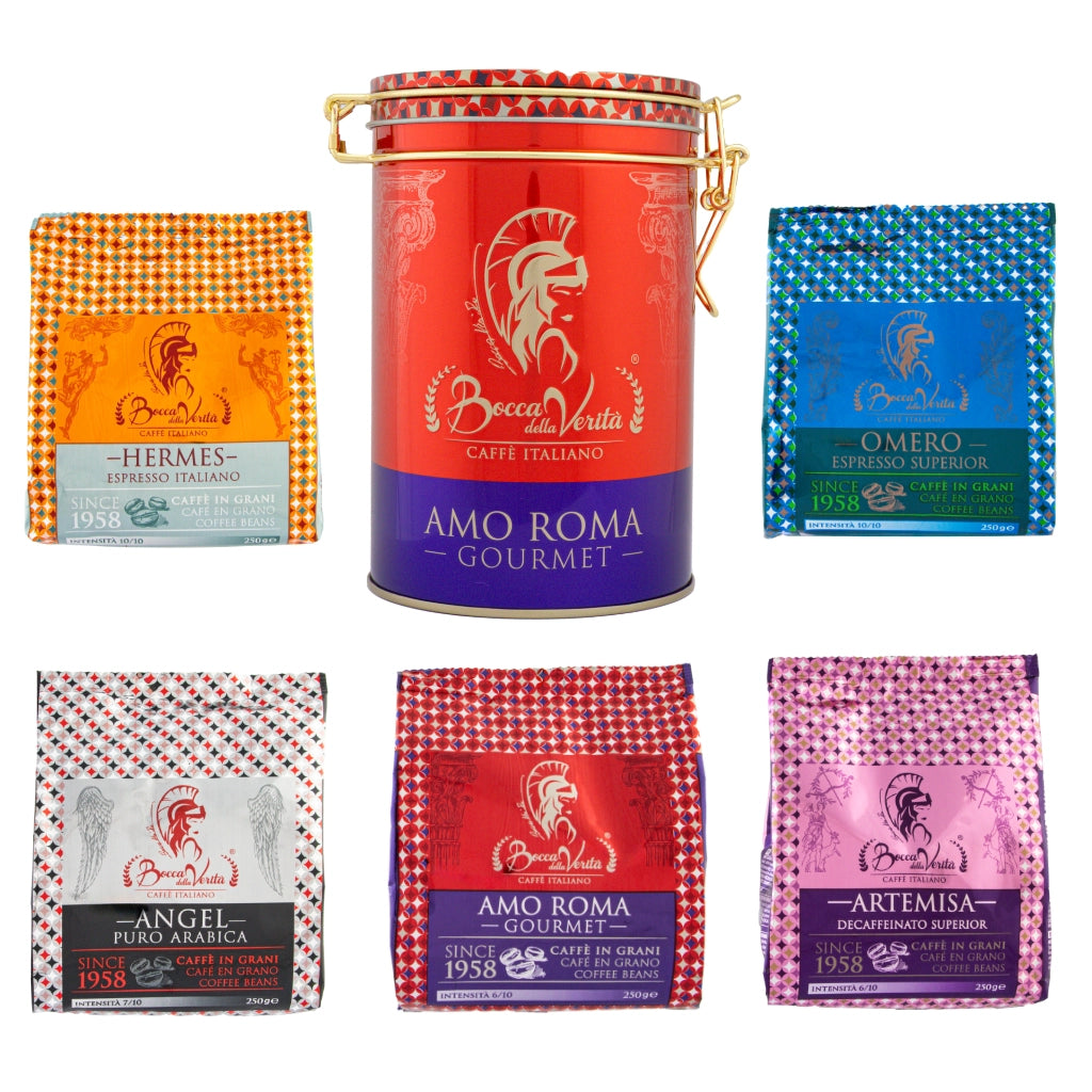 Degustazione 5 Buste di Caffè Bocca della Verità in Grani Interi da 250g + Latta Regalo