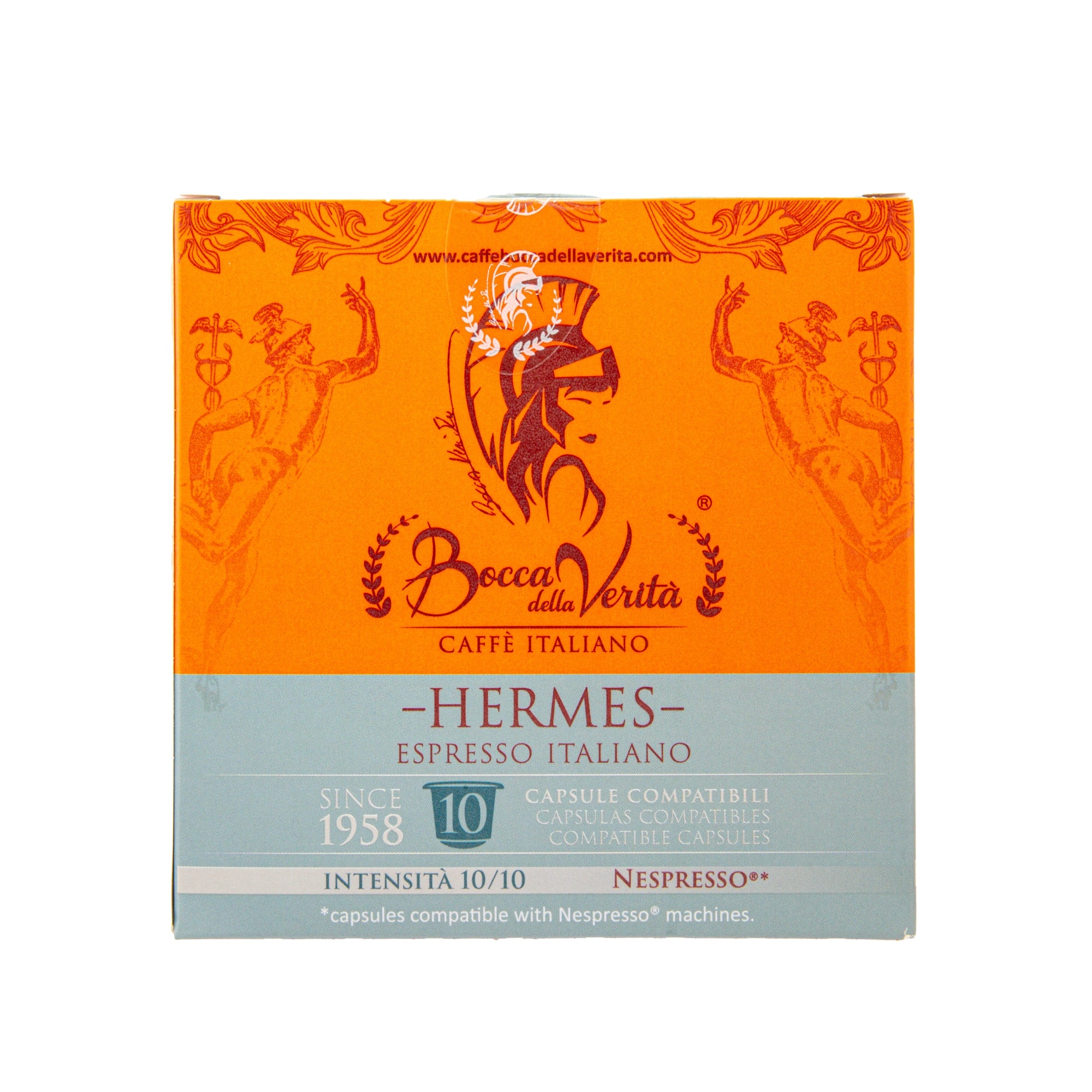 Caja de café Bocca della Verità Hermes Espresso Italiano, 10 cápsulas compatibles con Nespresso, intensidad 10/10, fondo naranja y azul.