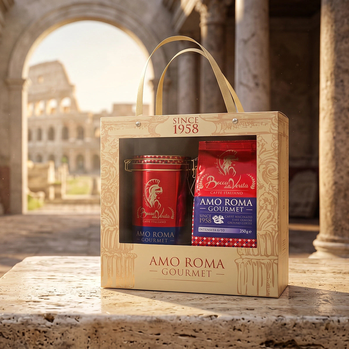 Lata "Amo Roma" de Aluminio Decorativa con Cierre Hermético para Café de 250G