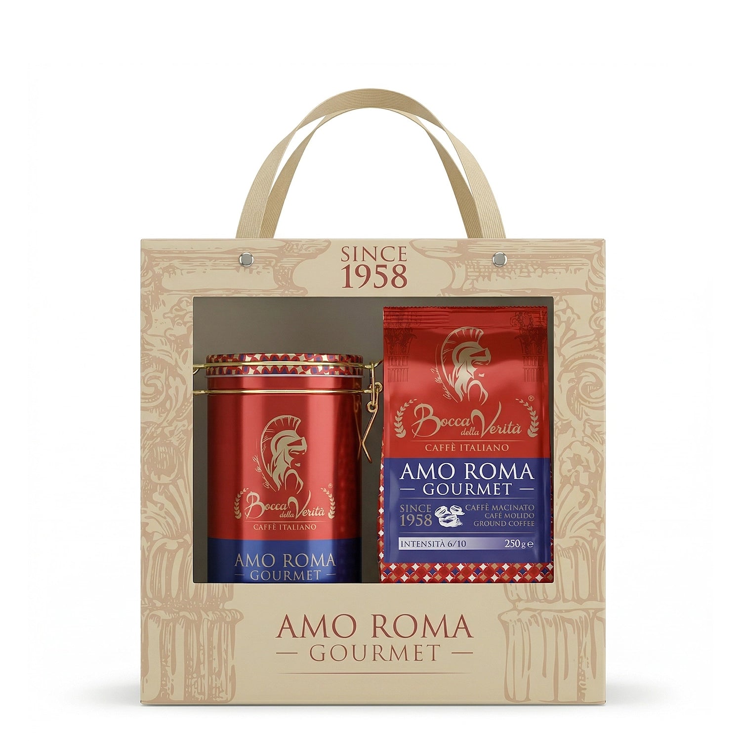 Lata "Amo Roma" de Aluminio Decorativa con Cierre Hermético para Café de 250G