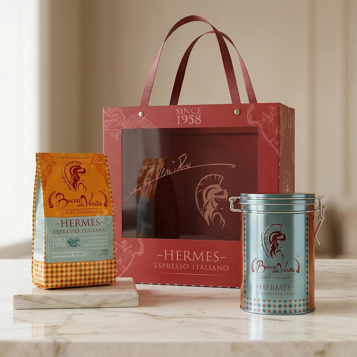 Lata "Hermes" de Aluminio Decorativa con Cierre Hermético con Café Molido de 250G