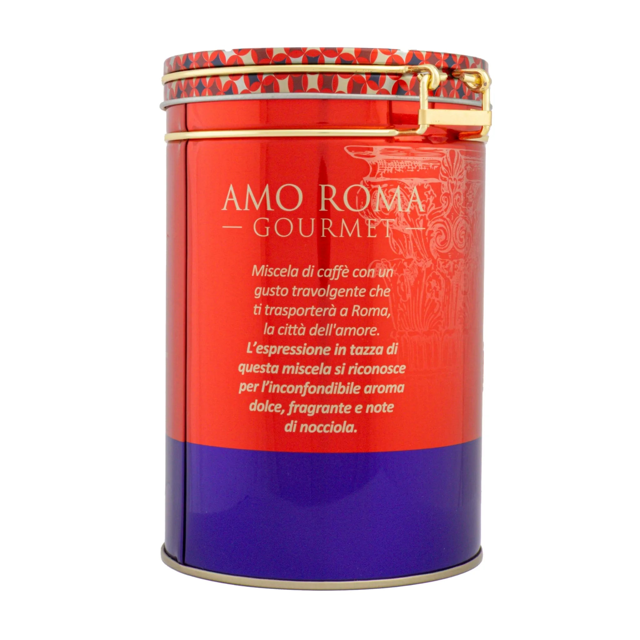 Lata "Amo Roma" de Aluminio Decorativa con Cierre Hermético para Café de 250G