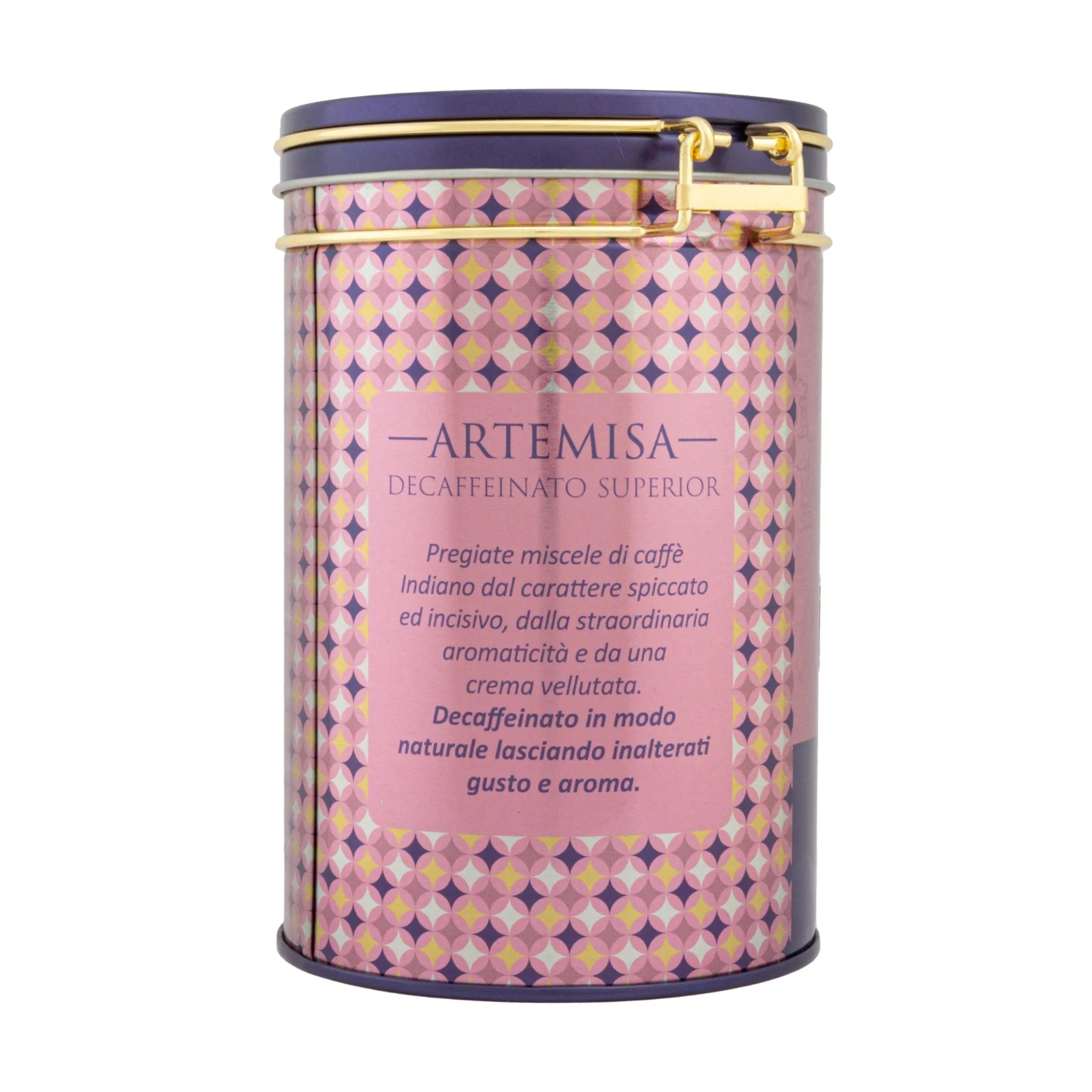 Decorative Aluminum Can with Hermetic Seal 250G of Italian Coffee Bocca della Verità Artemisa Decaffeinated