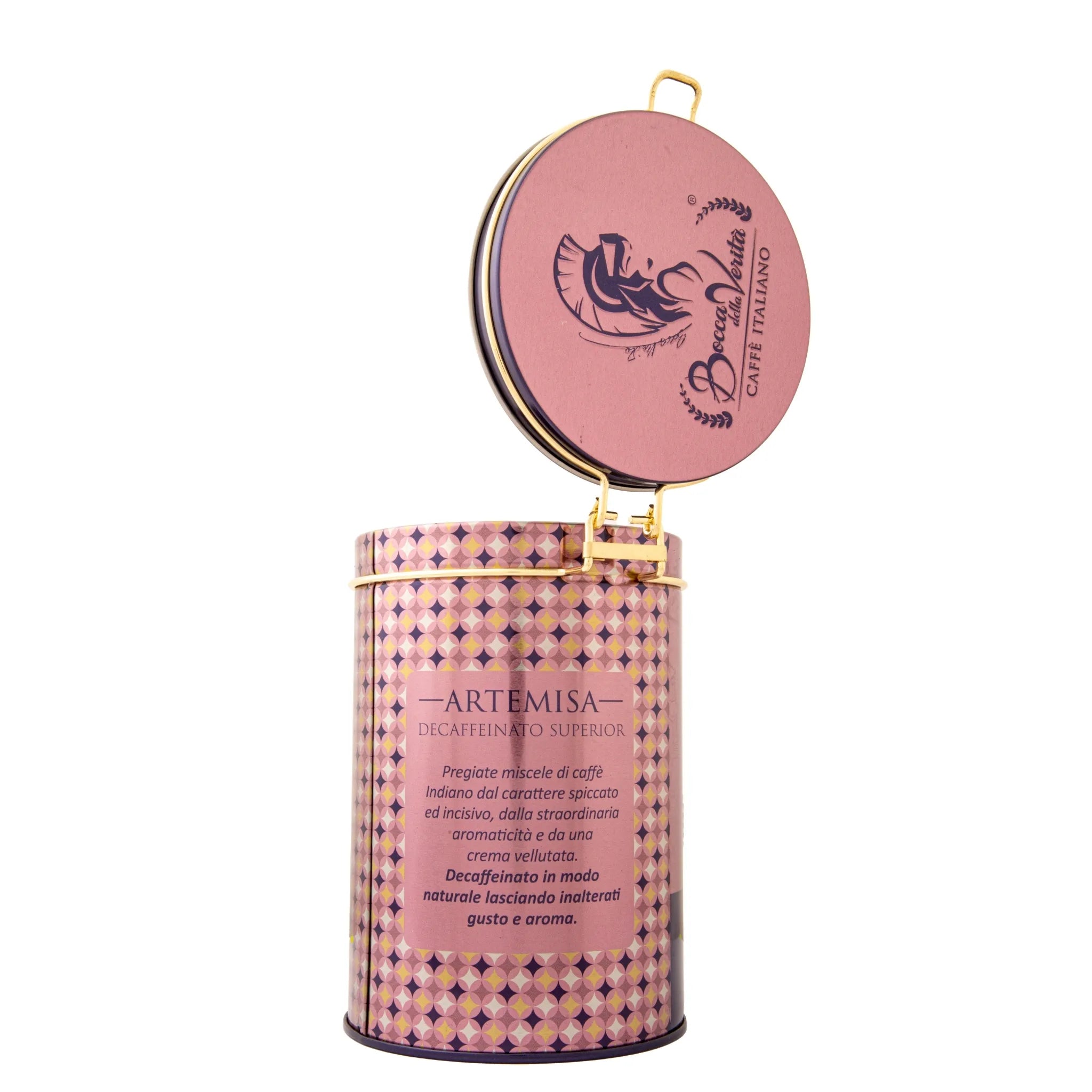 Decorative Aluminum Can with Hermetic Seal 250G of Italian Coffee Bocca della Verità Artemisa Decaffeinated