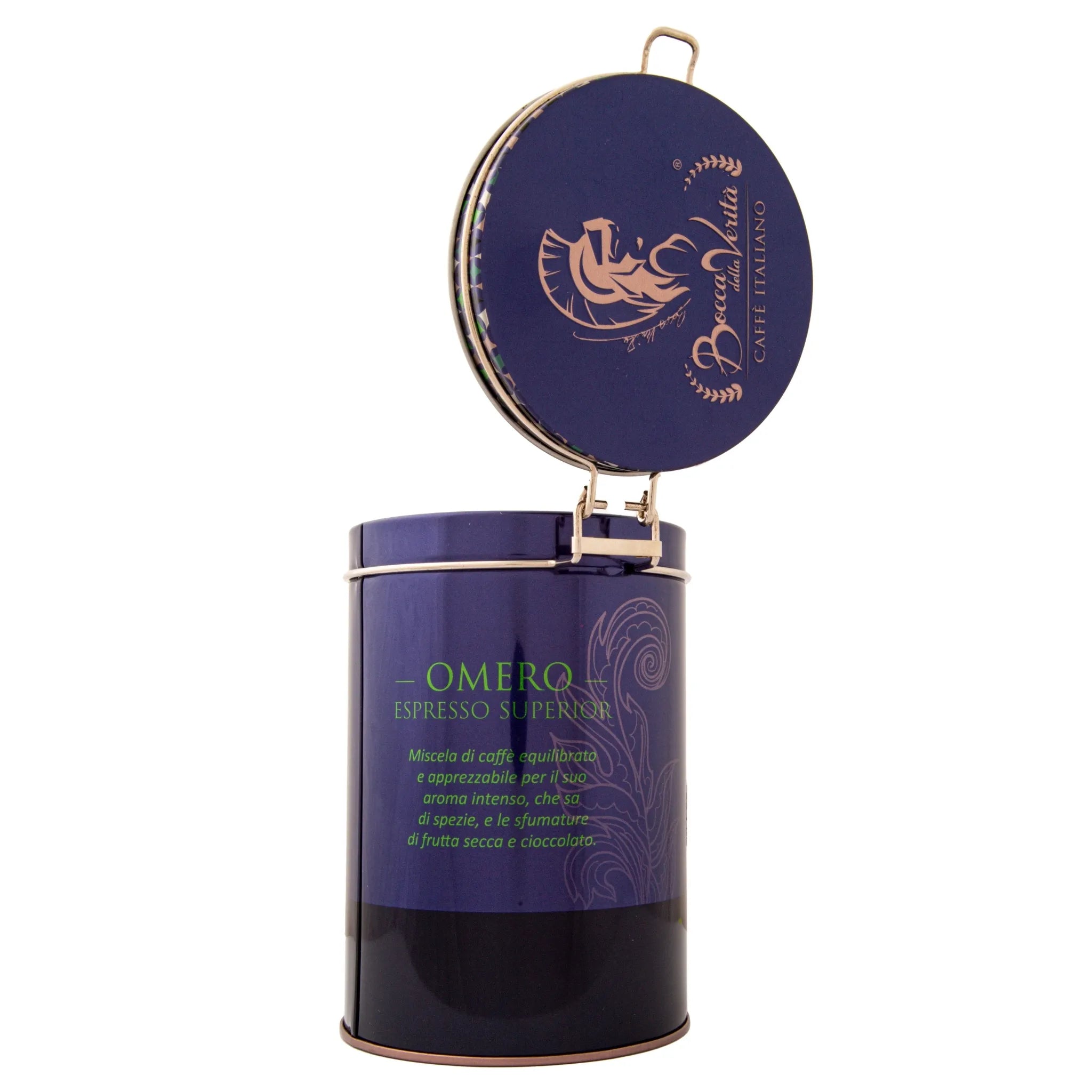 Decorative Aluminum Can with Hermetic Closure 250G Italian Coffee Bocca della Verità Omero Espresso Superior