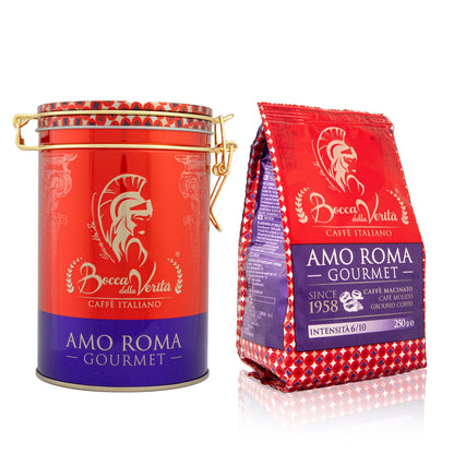 Lata "Amo Roma" de Aluminio Decorativa con Cierre Hermético para Café de 250G