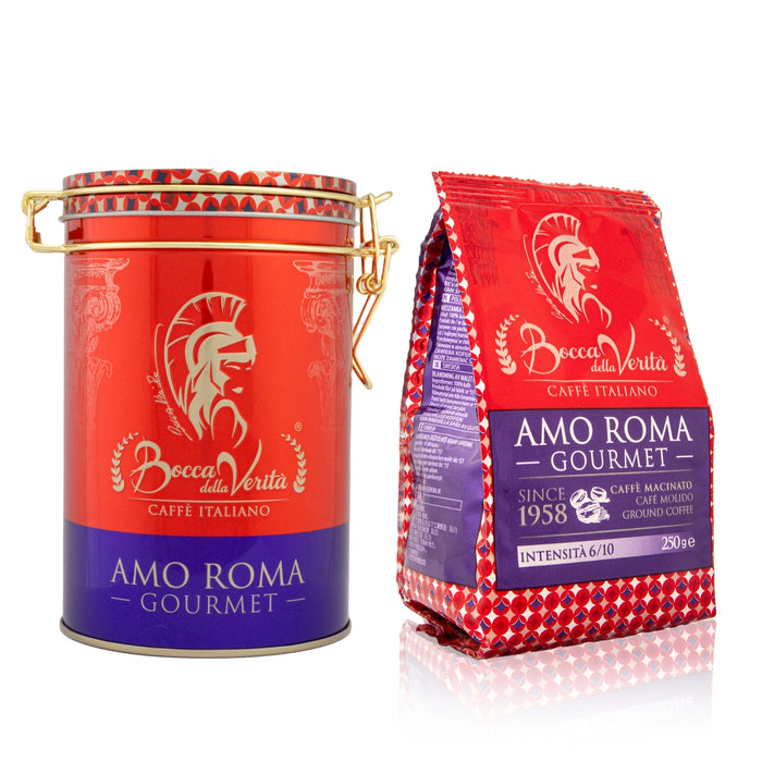 Lata "Amo Roma" de Aluminio Decorativa con Cierre Hermético para Café de 250G