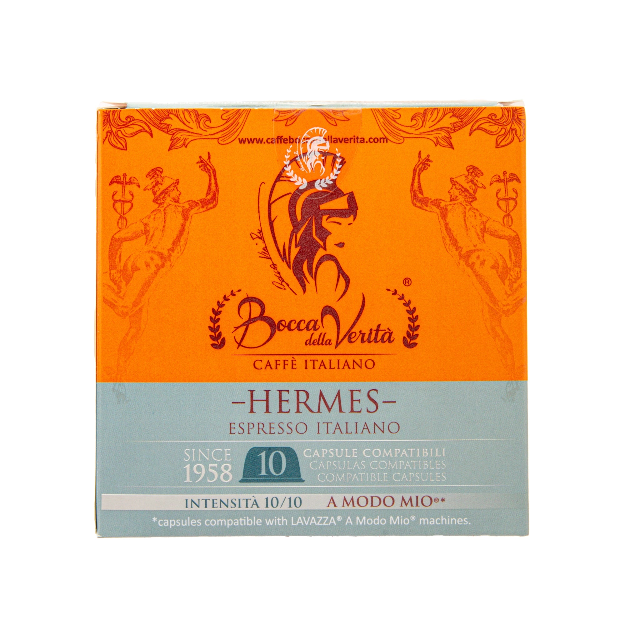 Caja de café Bocca della Verità Hermes Espresso Italiano, 10 cápsulas compatibles con A Modo Mio, intensidad 10/10.