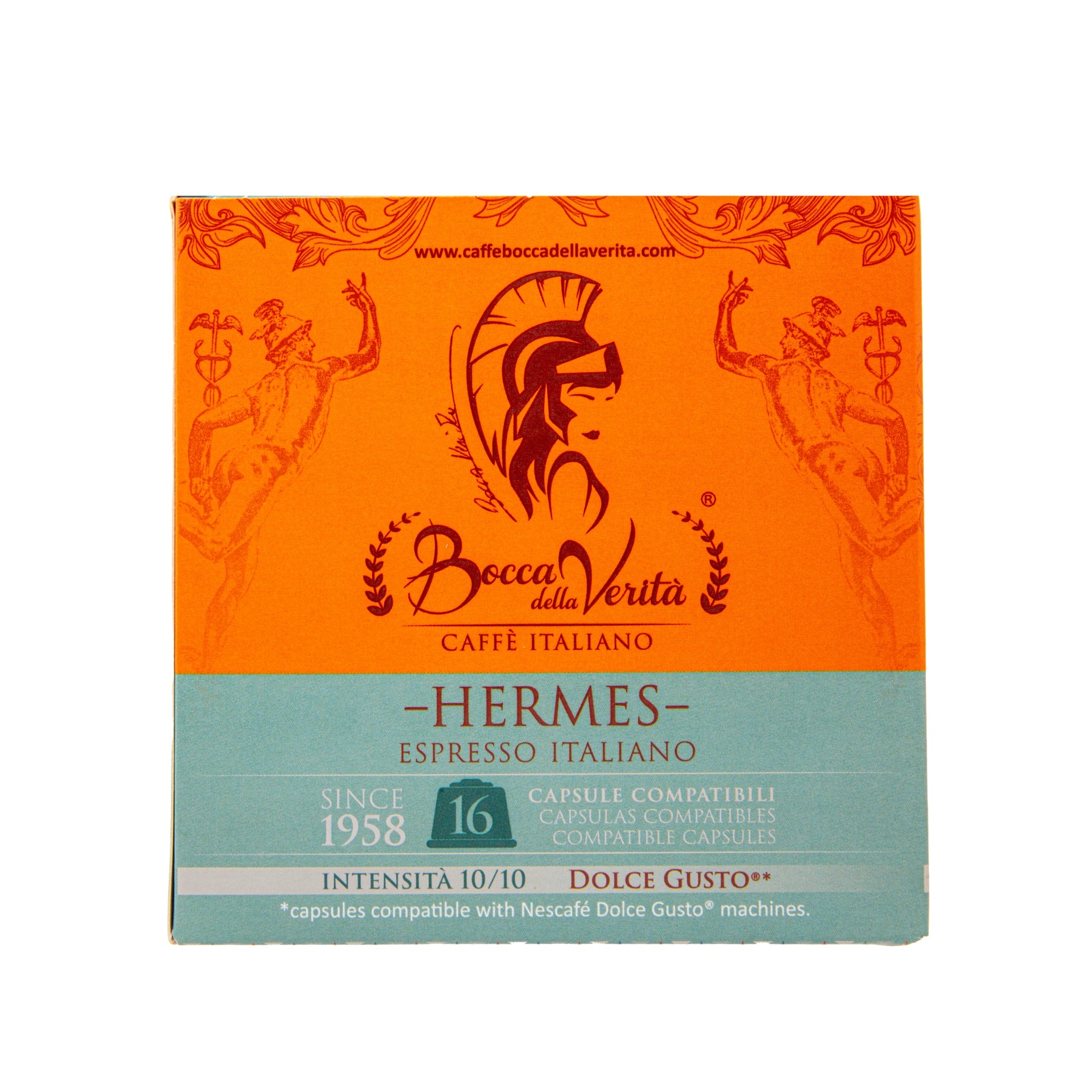 Caja de café Bocca della Verità Hermes Espresso Italiano, 16 cápsulas compatibles con Dolce Gusto, intensidad 10/10.