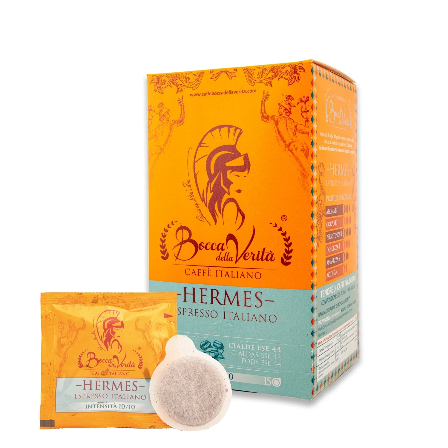Caja de café Bocca della Verità Hermes Espresso Italiano, 15 monodosis ESE 44 mm, intensidad máxima