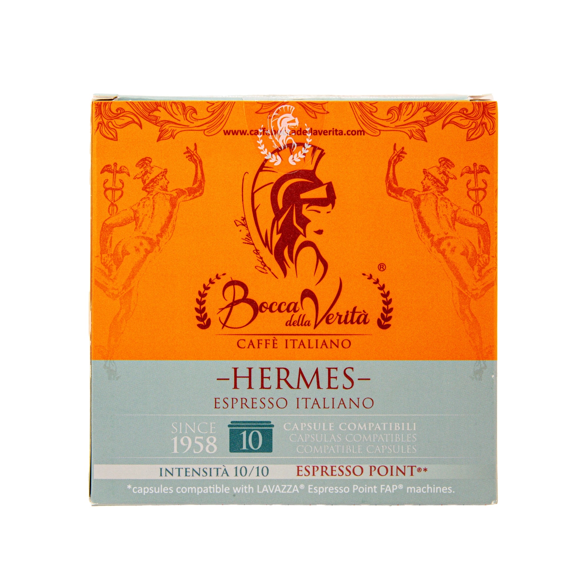 Caja de café Bocca della Verità Hermes Espresso Italiano, 10 cápsulas compatibles con Lavazza Espresso Point, intensidad 10/10.