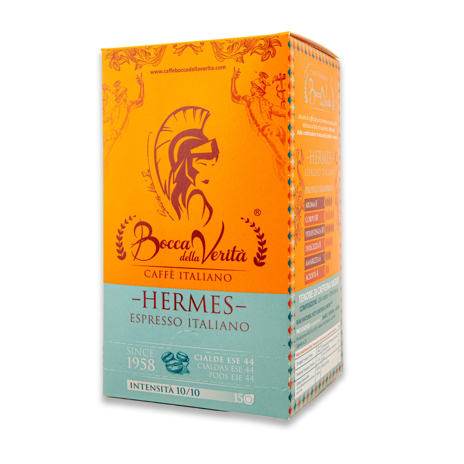 Caja de café Bocca della Verità Hermes Espresso Italiano, 15 monodosis ESE 44 mm, intensidad máxima