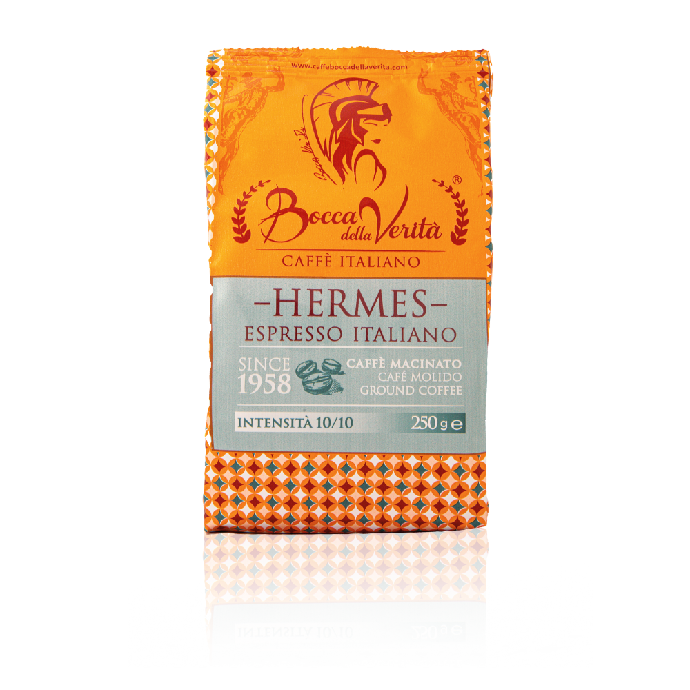 Paquete de café molido Bocca della Verità Hermes Espresso Italiano de 250 g, intensidad 10/10, mezcla 90% Robusta y 10% Arábica, diseño naranja con motivos geométricos.