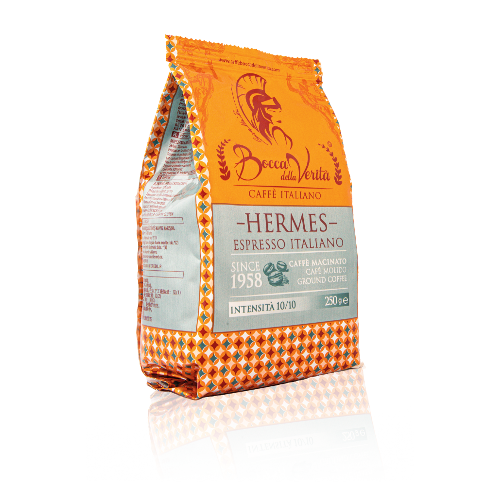 Paquete de café molido Bocca della Verità Hermes Espresso Italiano de 250 g, intensidad 10/10, mezcla 90% Robusta y 10% Arábica, diseño naranja con motivos geométricos.