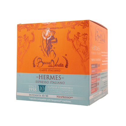 Caja de café Bocca della Verità Hermes Espresso Italiano, 10 cápsulas compatibles con Nespresso, intensidad 10/10, fondo naranja y azul.