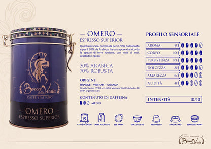 Promozione Speciale: 4 unità di Caffè Macinato Italiano 250g “Omero” Espresso Superiore + Lattina Decorativa in Alluminio Ermetico
