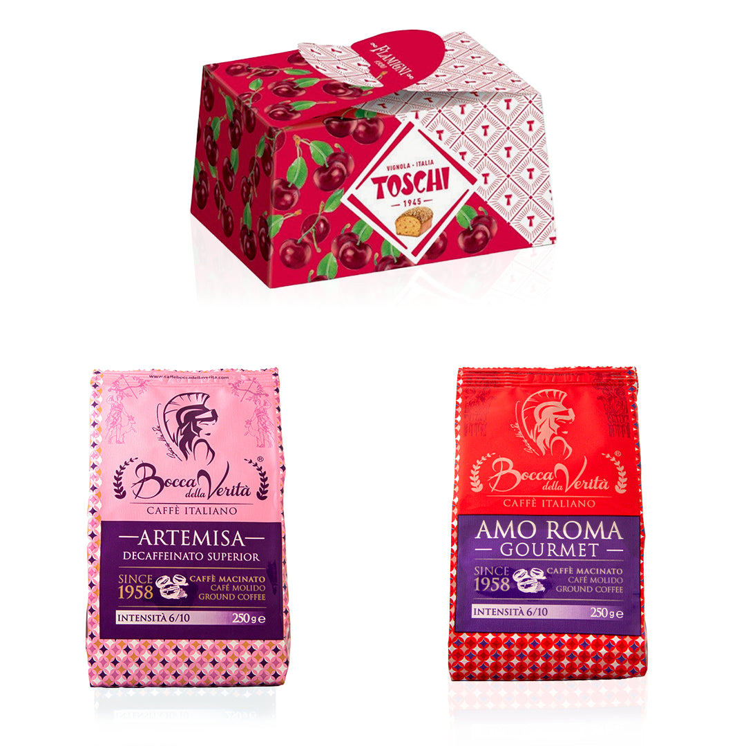 Special Promotion: 2 units of 250g Italian Ground Coffee “Amo Roma” Gourmet + “Artemisa” Decaffeinated + Toschi Cherry Tart