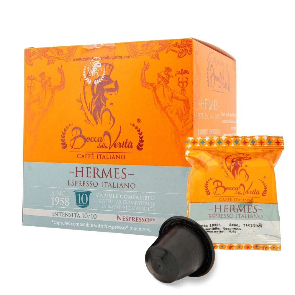 Caja de café Bocca della Verità Hermes Espresso Italiano, 10 cápsulas compatibles con Nespresso, intensidad 10/10, fondo naranja y azul.