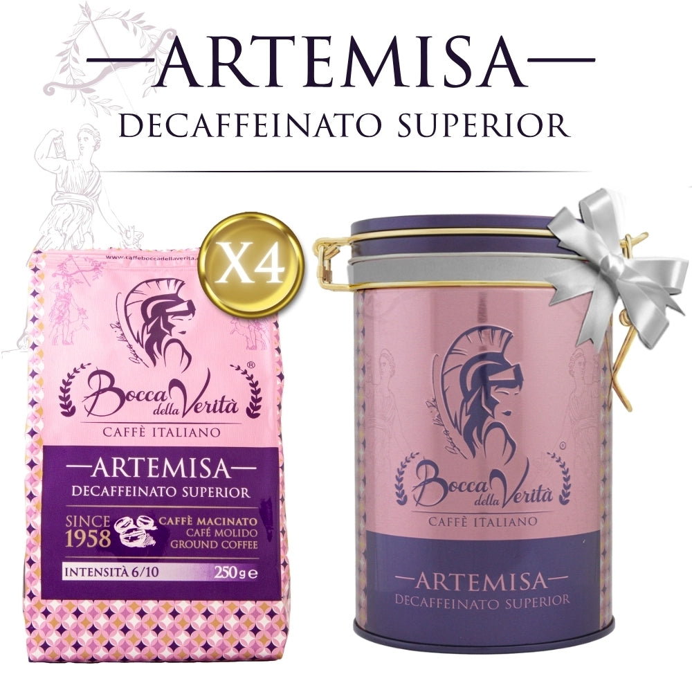 Promoción Especial 4 uds de Café Italiano Molido 250g “Artemisa” Descafeinado + Lata Decorativa