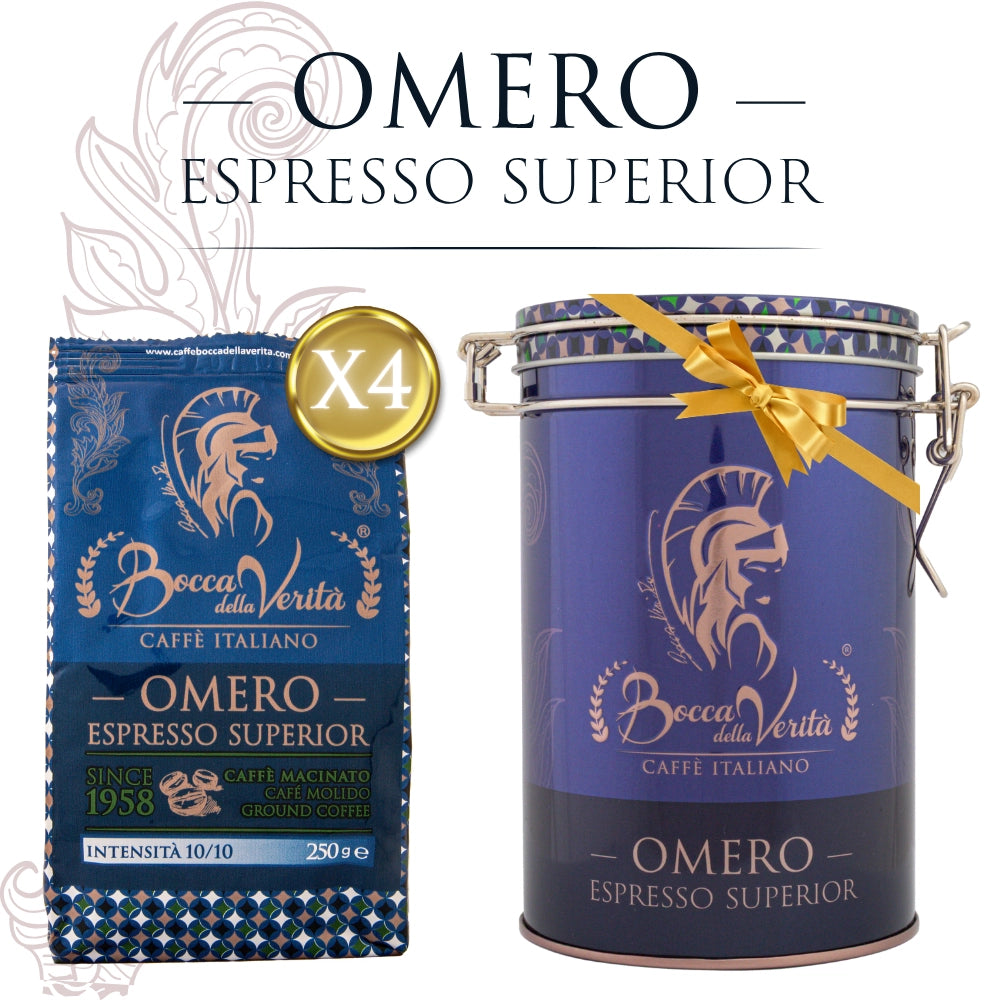 Promozione Speciale: 4 unità di Caffè Macinato Italiano 250g “Omero” Espresso Superiore + Lattina Decorativa in Alluminio Ermetico