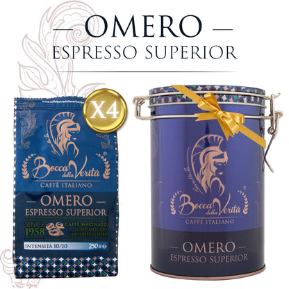 Promozione Speciale: 4 unità di Caffè Macinato Italiano 250g “Omero” Espresso Superiore + Lattina Decorativa in Alluminio Ermetico